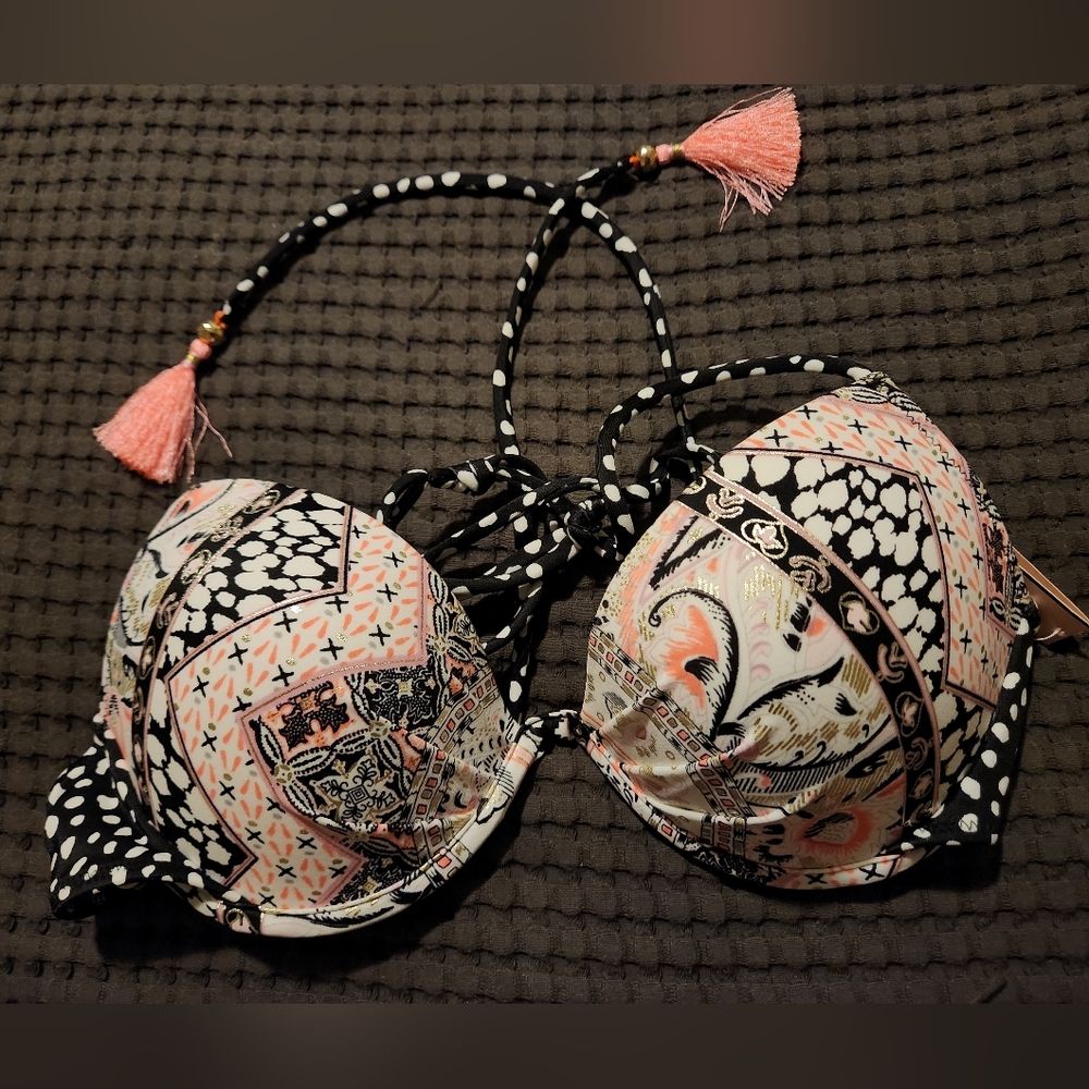 Patterned Bikini Top with Pink and Black Accents